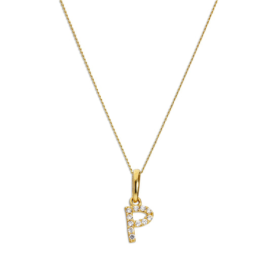 9ct Gold & Clear CZ Crystal Script Alphabet Letter P Necklace 16 - 20 Inches