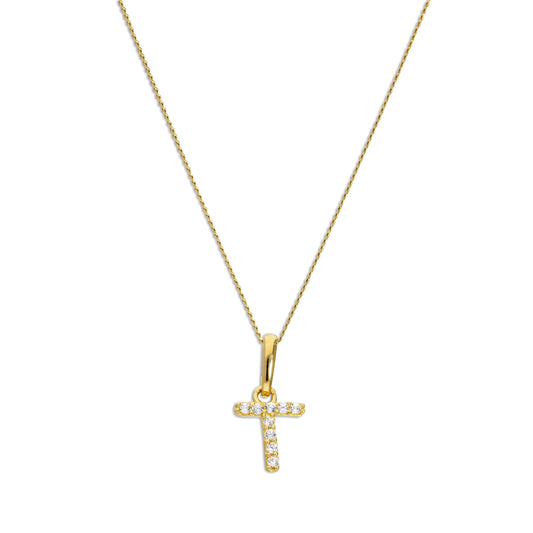 9ct Gold & Clear CZ Crystal Script Alphabet Letter T Necklace 16 - 20 Inches