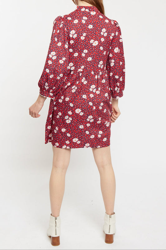 Louche Suzanne Roaring Daisy Print Long Sleeve Mini Dress - Red
