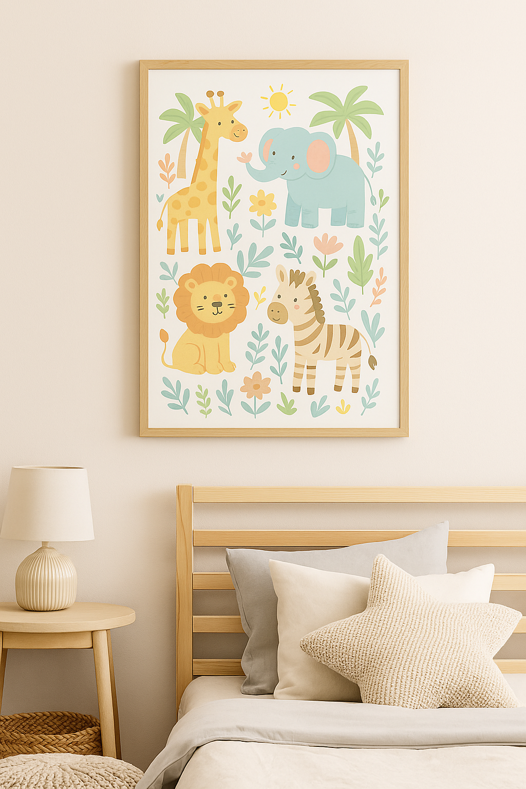Safari Animals Wall Art – Jungle Nursery Print with Lion, Giraffe, Elephant & Zebra