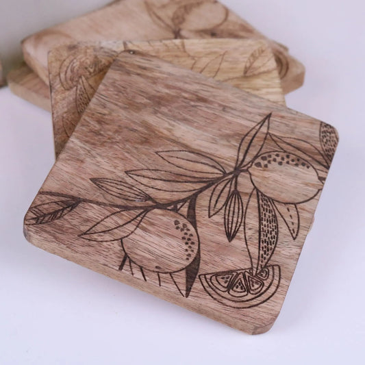 Saitras Mango Wood Coasters Engraved Citrus Design