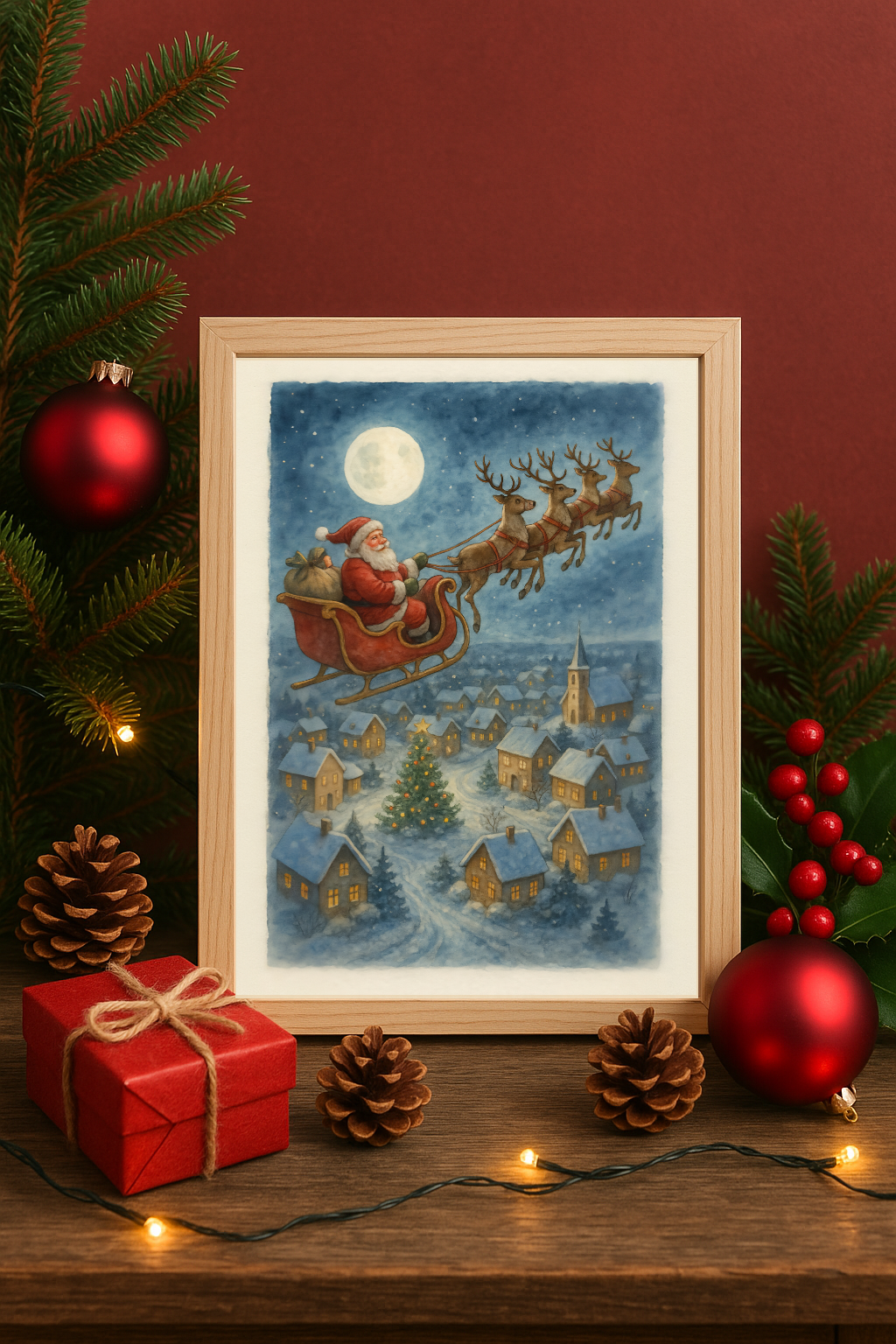 Santa’s Sleigh Ride Wall Art – Flying Reindeer Over Christmas Village Print