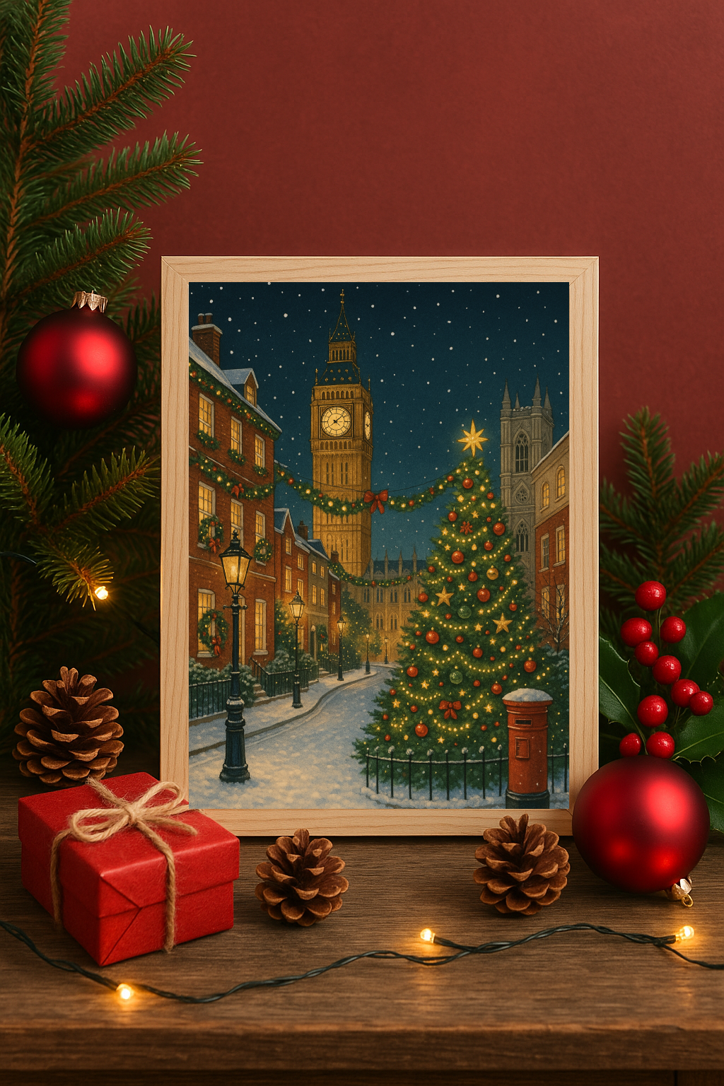 London Christmas Street Wall Art – Big Ben Holiday Tree Print