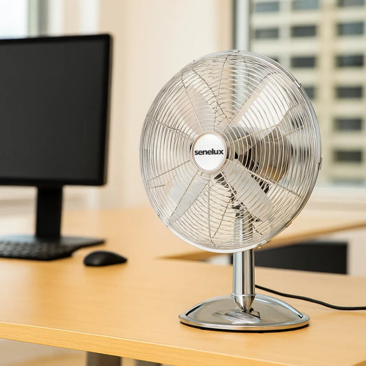 Senelux 12 inch Chrome Desk Fan; Great for Home Cooling and Comfort in Bedrooms, Living Rooms and Offices