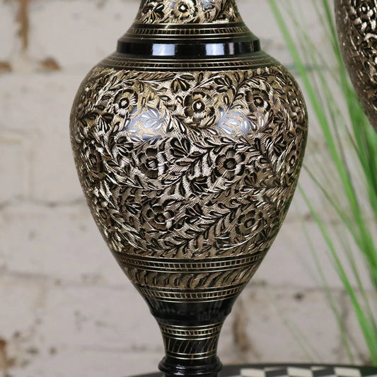 Set of 2 Black Etched Brass Vases 40cm and 50cm
