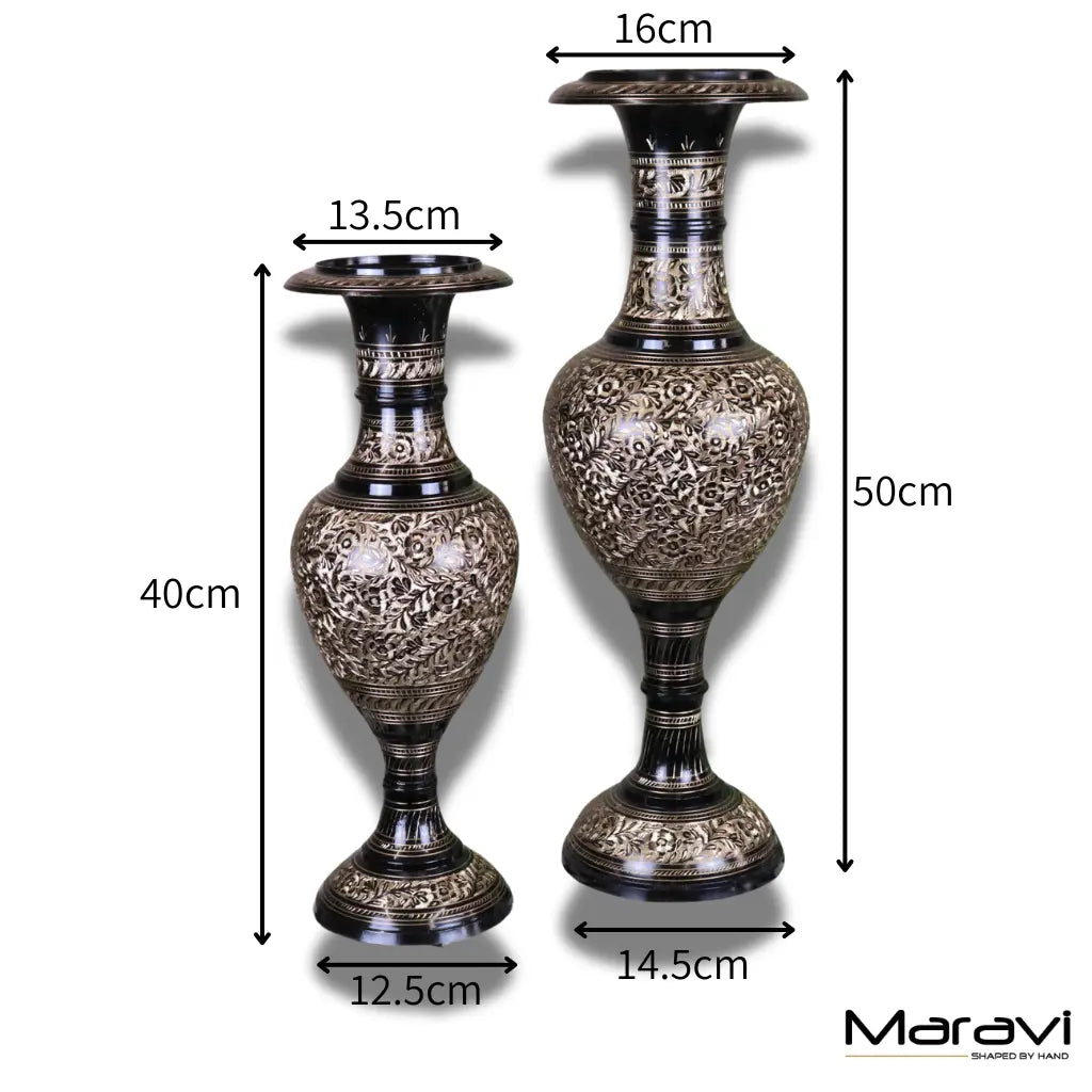 Set of 2 Black Etched Brass Vases 40cm and 50cm
