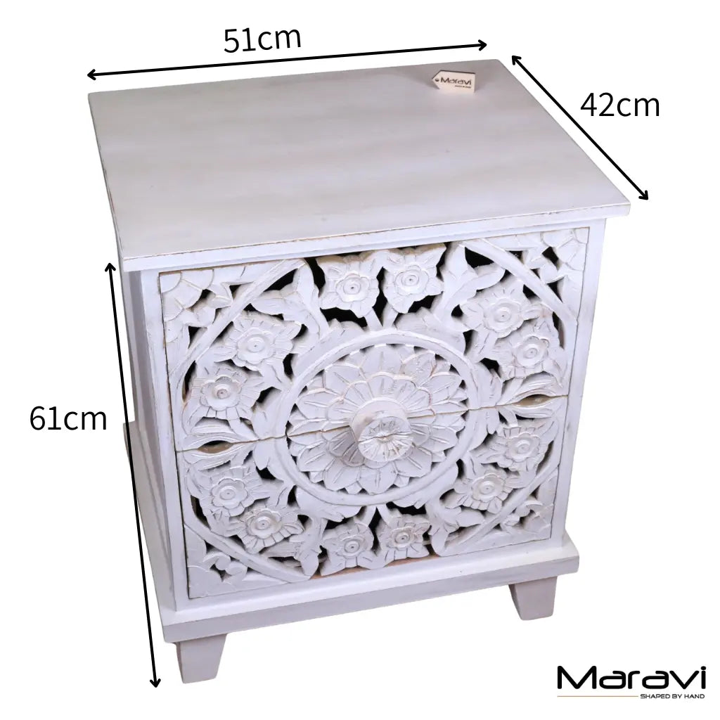 Sohani Wooden Carved Bedside Table Cabinet Distressed White