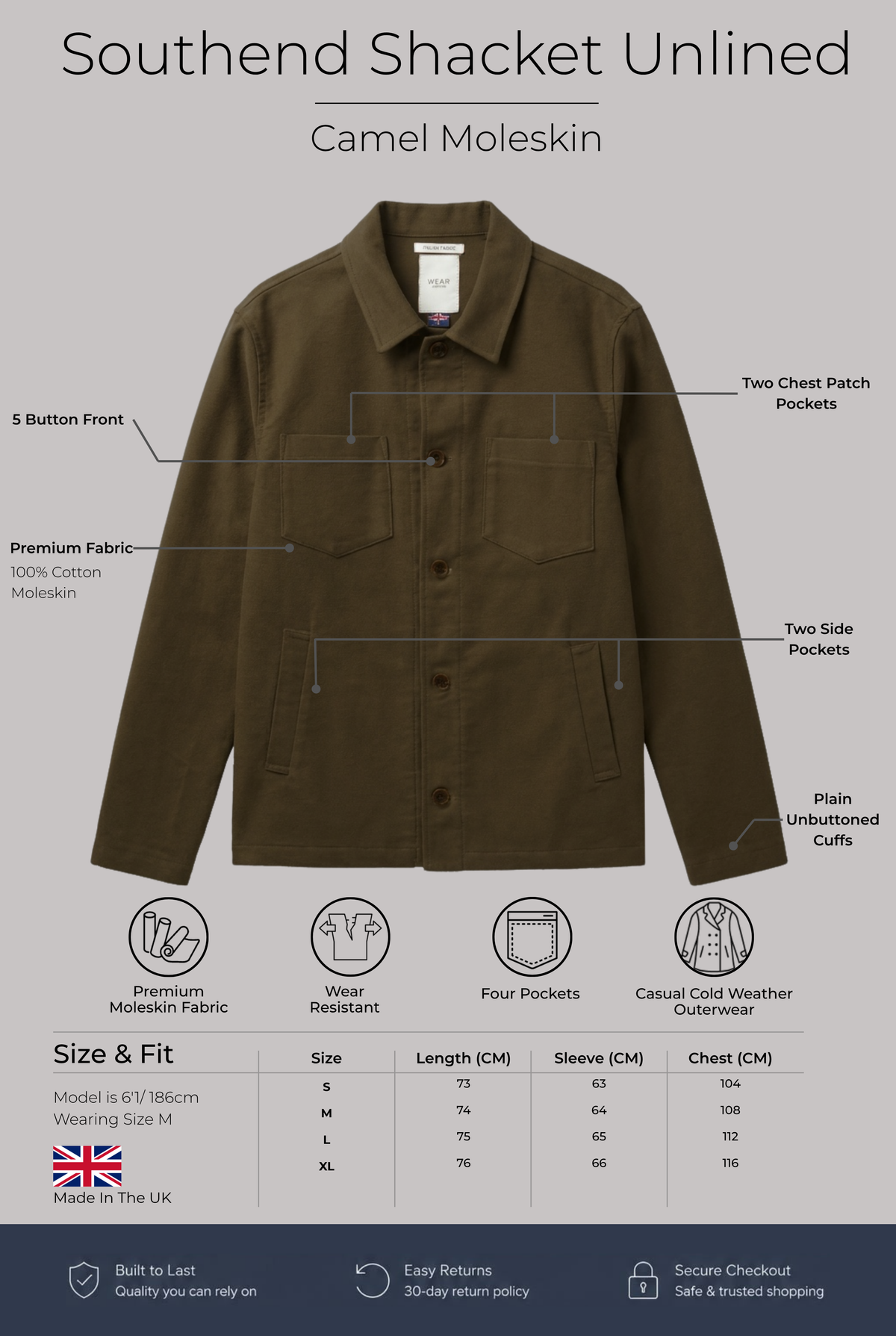 Southend Shacket Unlined - Camel Moleskin