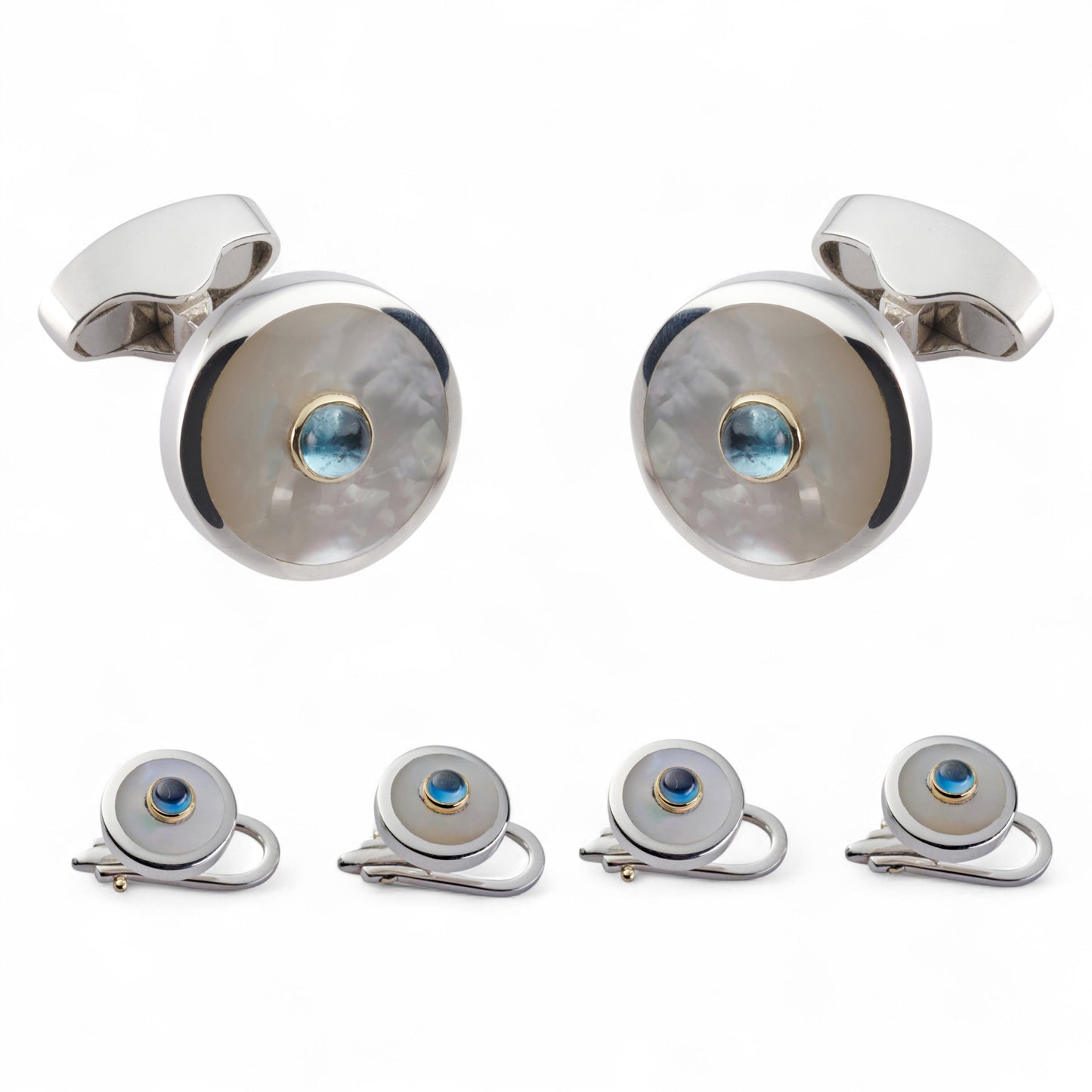 Sterling Silver And Mother Of Pearl With Blue Topaz Dress Set