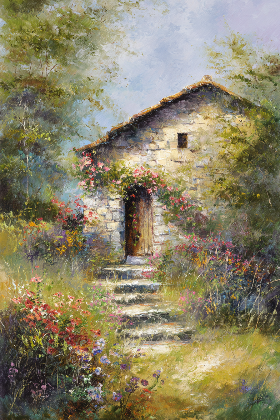 Stone Cottage on Hill Canvas