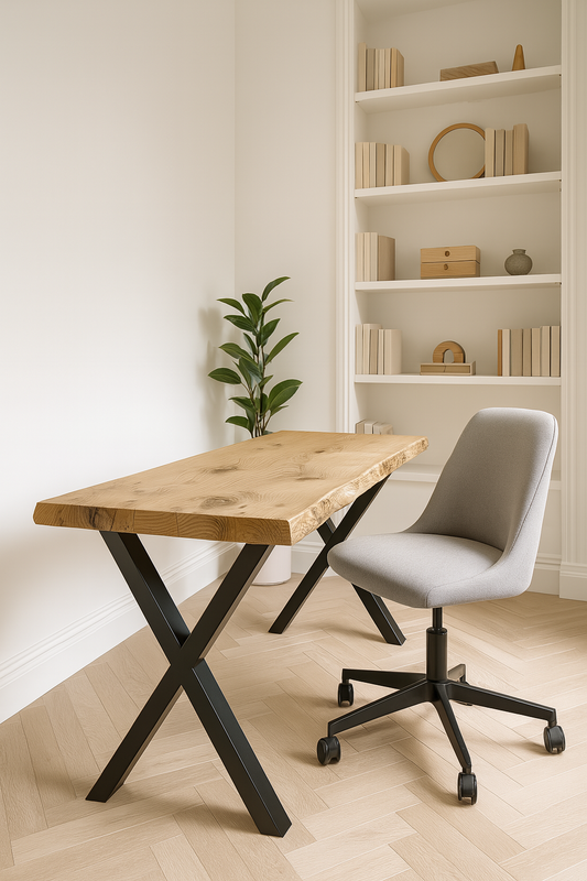 Live / Waney Edge Study Desk / Table With X Cross Metal Legs
