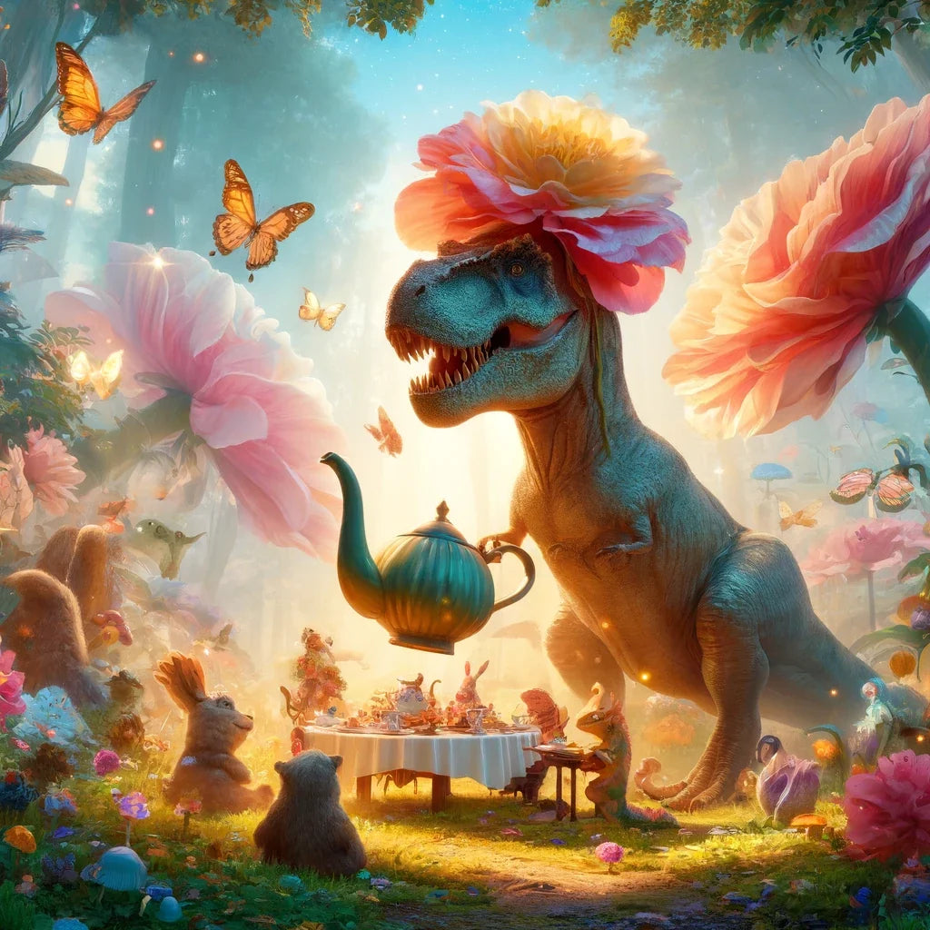 T-Rex's Garden Tea Party Canvas
