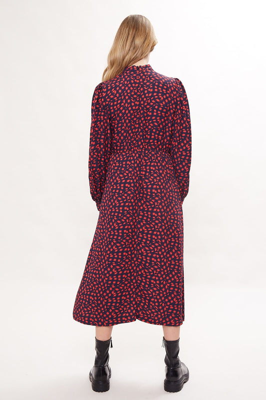 Louche Tovella Gingham Twist Print Long Sleeve Twist Neck Midi Dress
