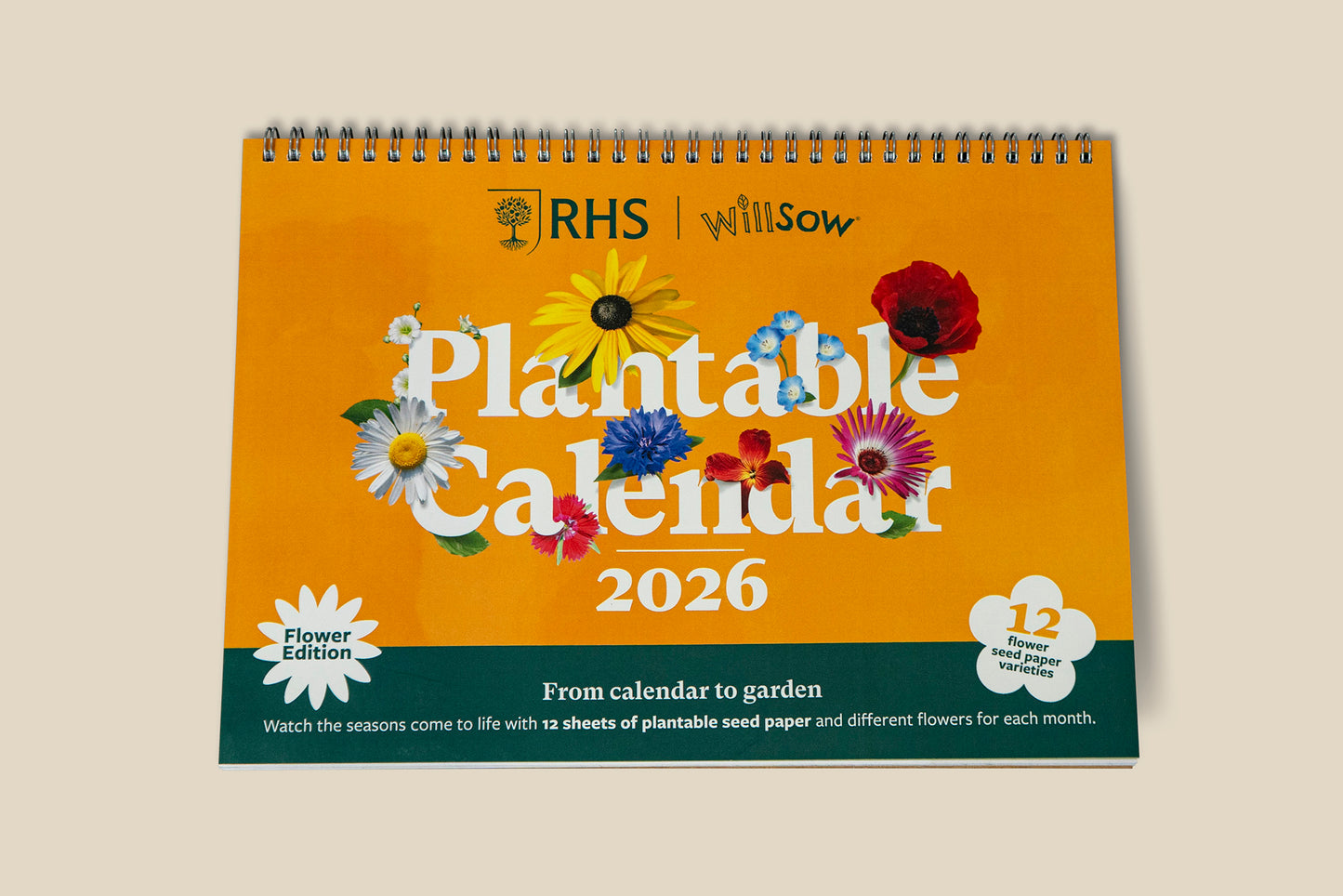 The Foalyard - RHS & Willsow Flower Edition A4 and A5 2026 desk calendars 12 sheets of plantable seed paper