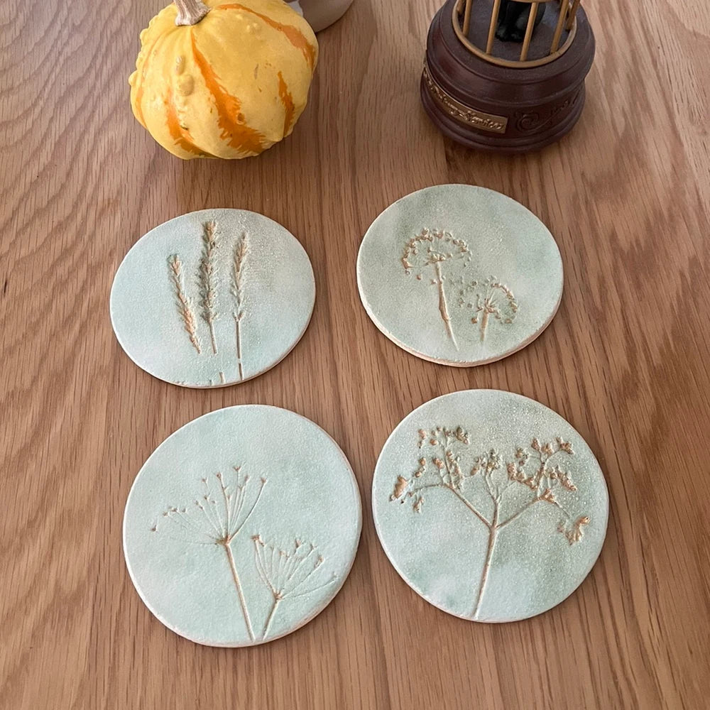 Juliet Reeves Green and Gold Wild Flower Ceramic Coasters Set of 4