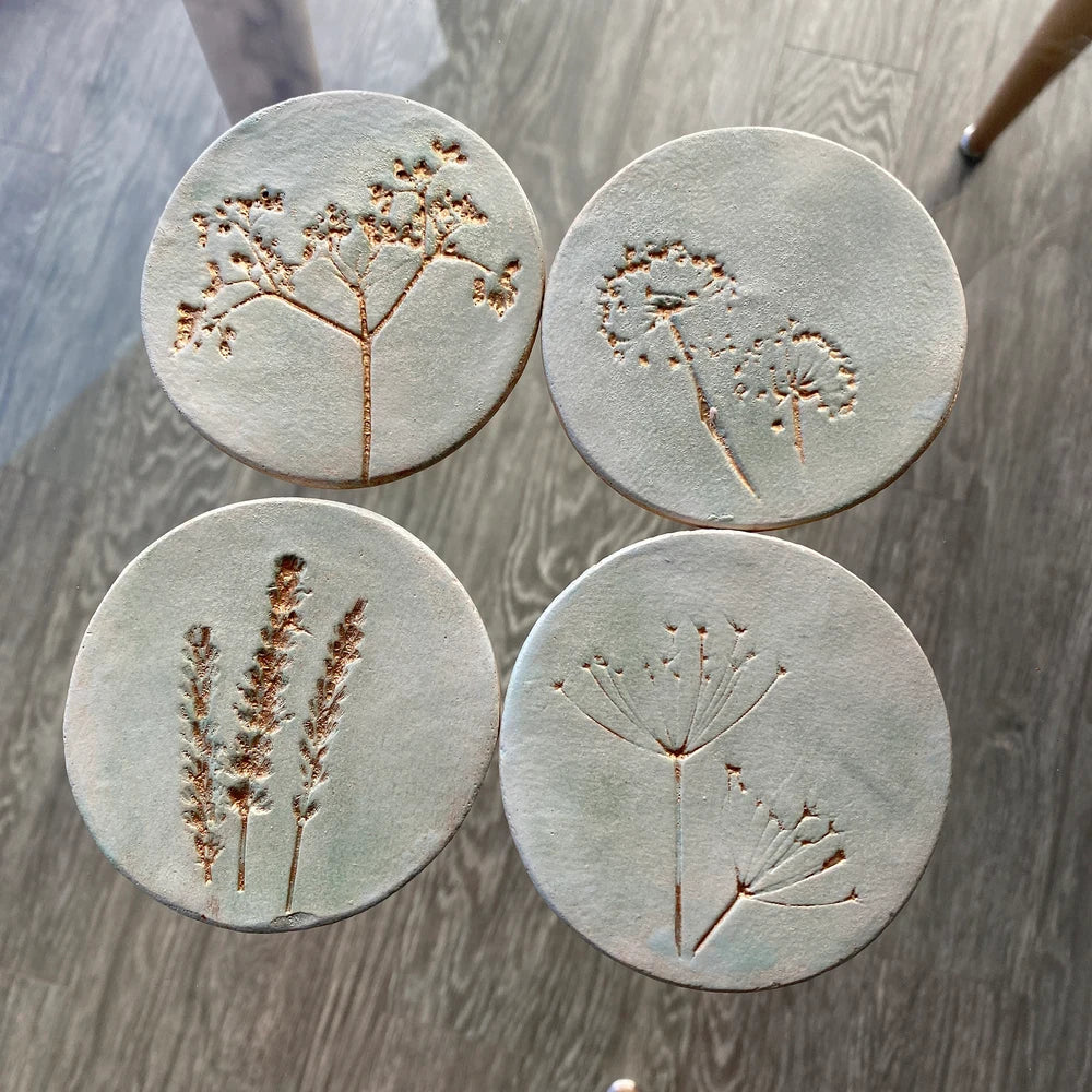 Juliet Reeves Green and Gold Wild Flower Ceramic Coasters Set of 4