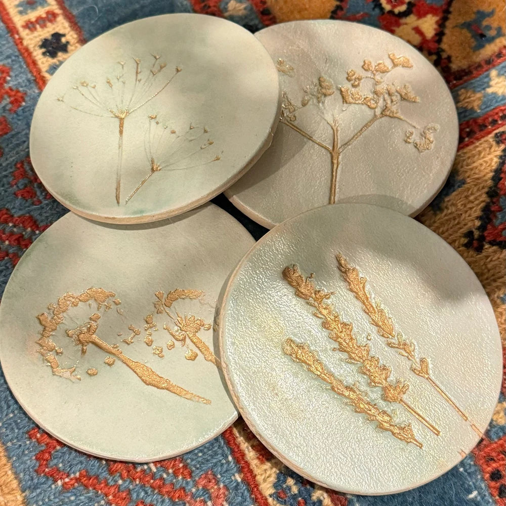 Juliet Reeves Green and Gold Wild Flower Ceramic Coasters Set of 4