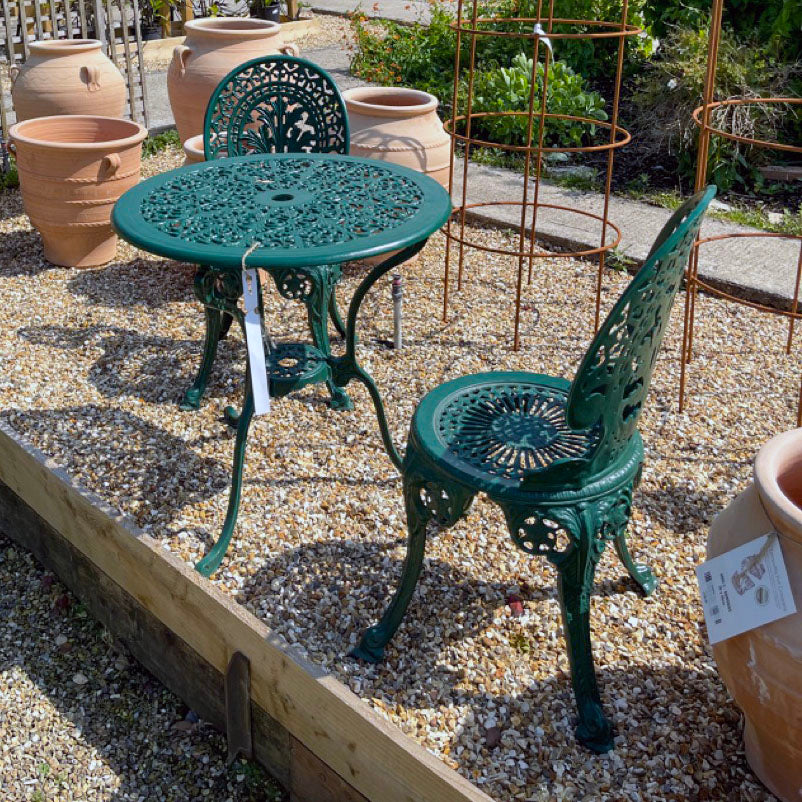 The Foalyard Jardine Leisure Aluminium Coalbrookdale Round 68cm Table and Chairs Green Tea Set