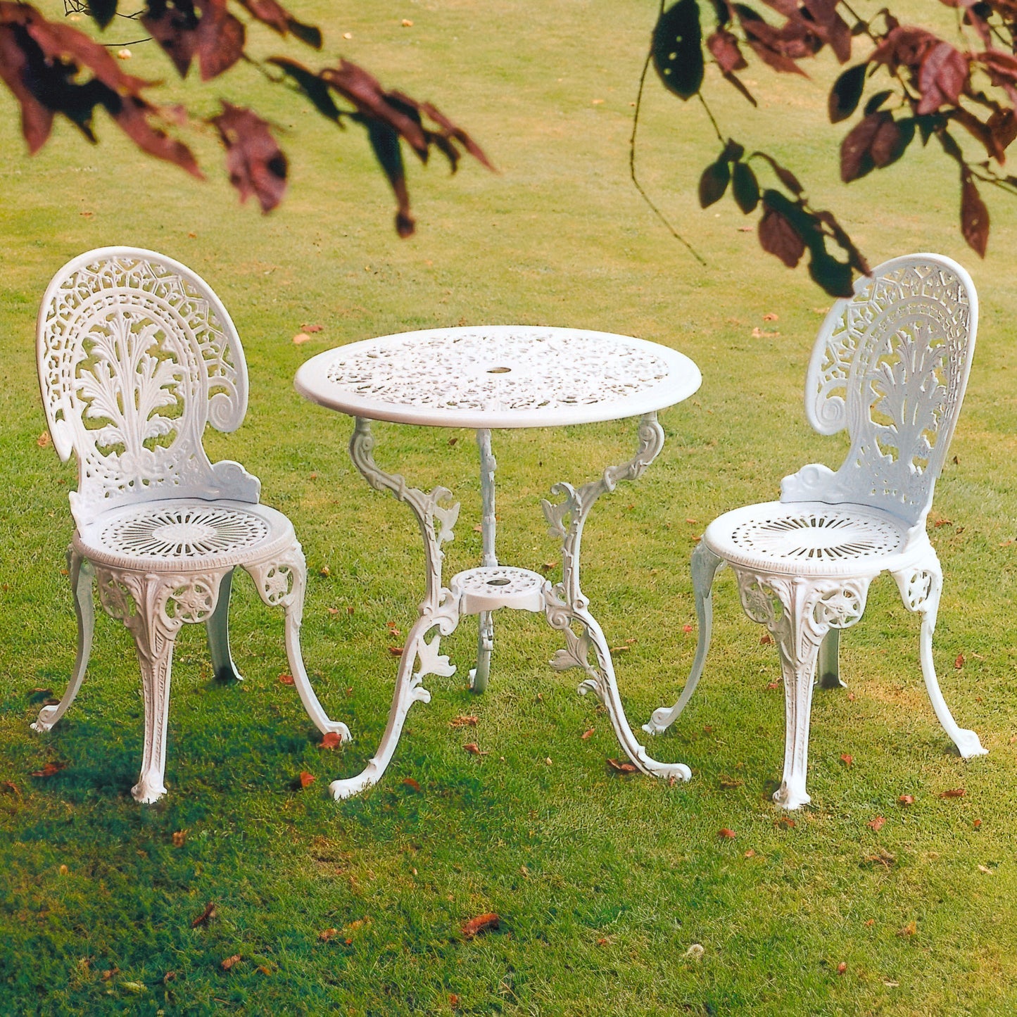 The Foalyard Jardine Leisure Aluminium Coalbrookdale Round 68cm Table and Chairs White Garden Patio Set for Two