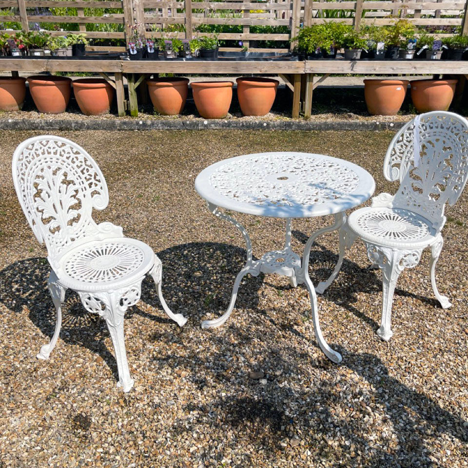 The Foalyard Jardine Leisure Aluminium Coalbrookdale Round 68cm Table and Chairs White Tea Set