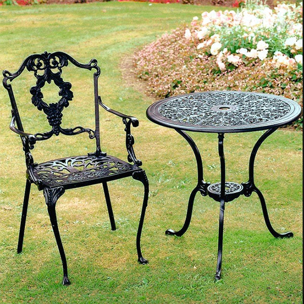 The Foalyard Jardine Leisure Aluminium Coalbrookdale Round 68cm Table and Grape Carver Chair Garden Tea Patio Set