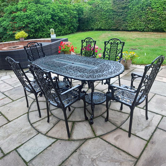 The Foalyard Jardine Leisure Aluminium Victorian Grand Table with Carver Chairs Garden Dining Set for Six