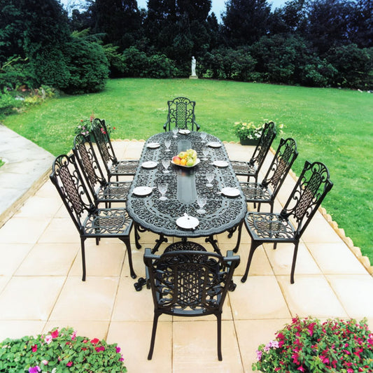 The Foalyard Jardine Leisure Aluminium Victorian Maxi Grand Table 235x95cm with 8 Diner and Carver Chairs Black