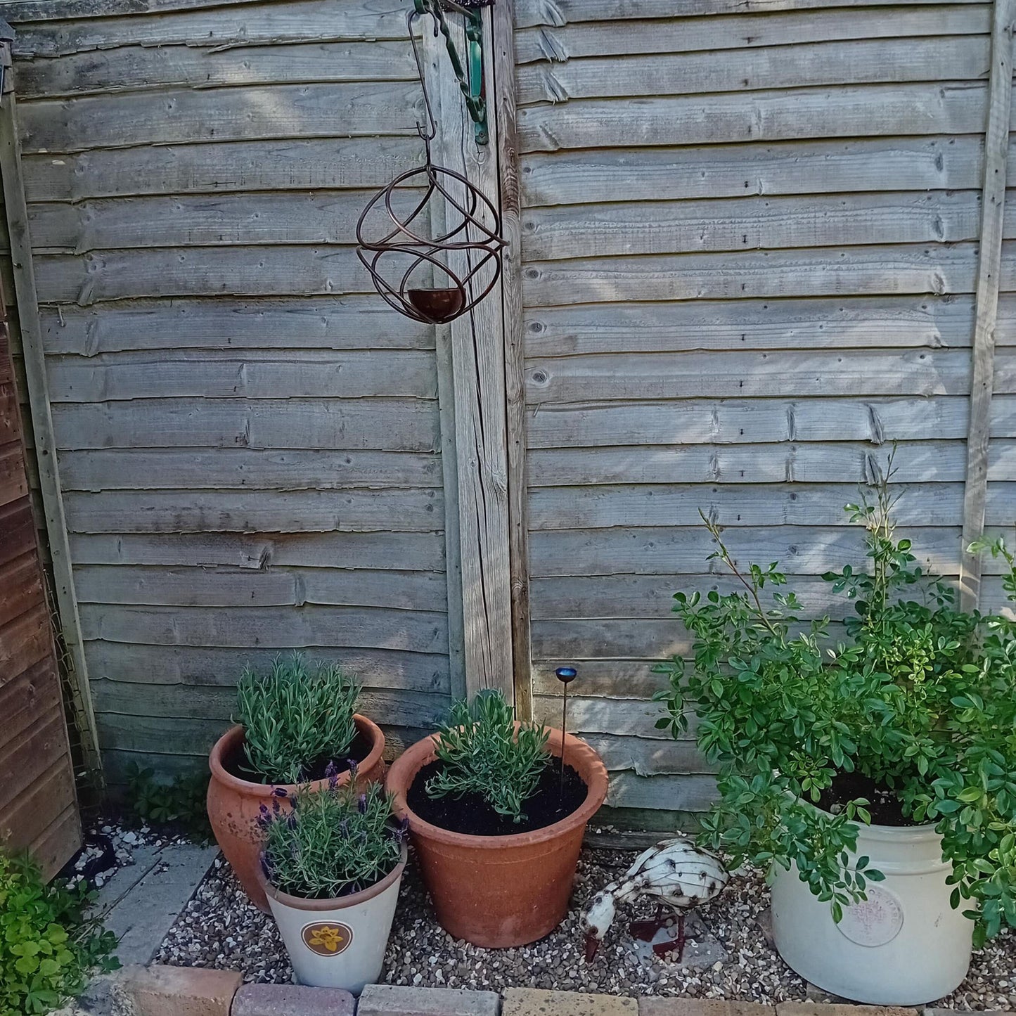 TheFoalyard PoppyForge Hanging Ball Bird Feeder Brown British Made - customer garden
