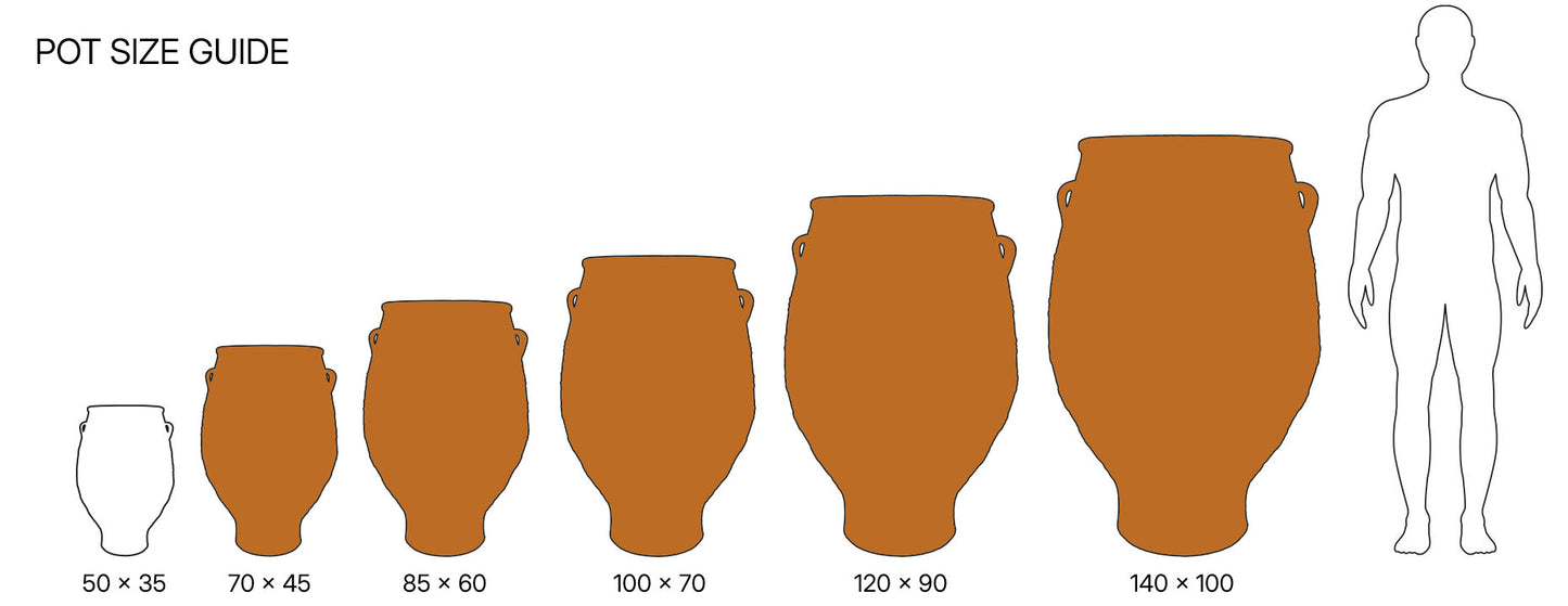 The Foalyard - Pithari Cretan Terracotta Large Frost-Proof Planters from H70 x D45cm size guide - 50 years guarantee - The Terracotta Pot Company - Cretan Ceramics by Andonis Araviakis
