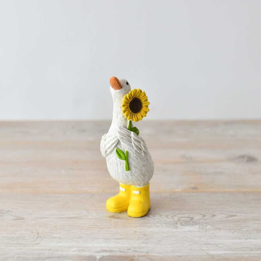 The Foalyard - Portland Living Standing Duck in Yellow Boots with Sun Flower - 12cm figurines