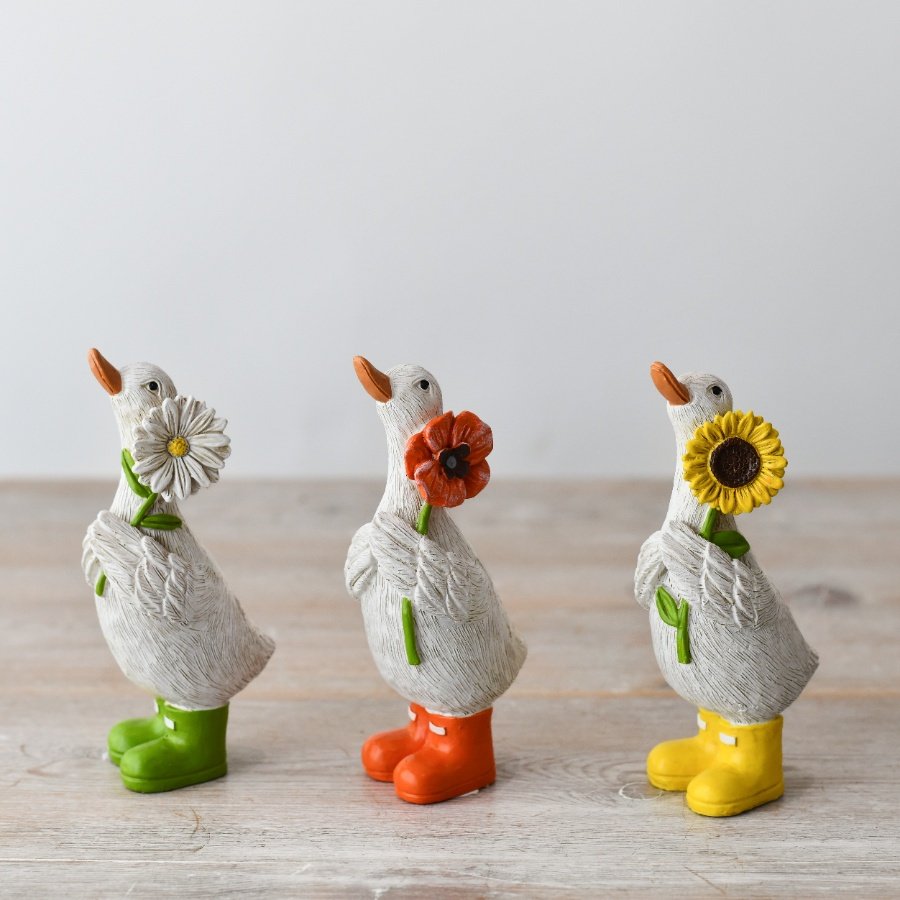 The Foalyard - Portland Living Standing Ducks figurines in Green Orange and Yellow Boots with Sun Flowers - 12cm
