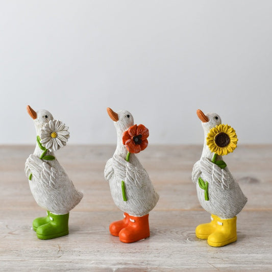 The Foalyard - Portland Living Standing Ducks figurines in Green Orange and Yellow Boots with Sun Flowers - 12cm