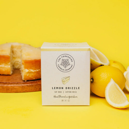 The Foalyard Lemon Drizzle Candle Glass Tumbler presentation box