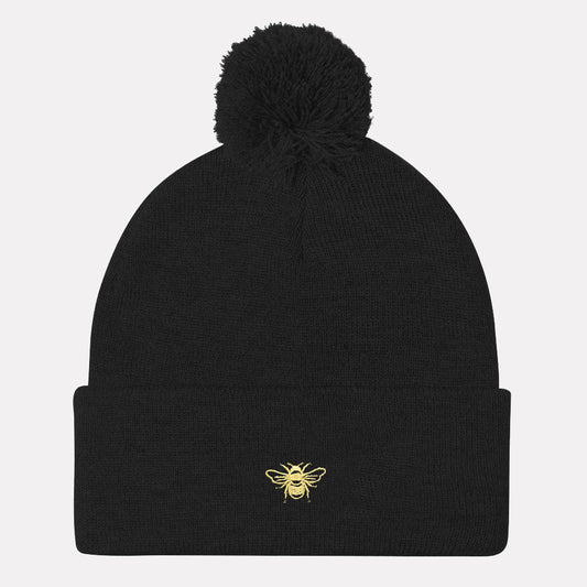 Tiny Embroidered Bumble Bee Vegan Pom Pom Beanie
