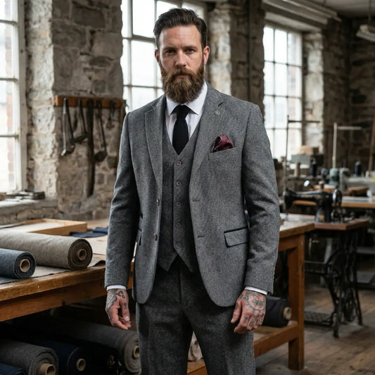 IM41 - Men's Grey 3 Piece Tweed Herringbone Suits