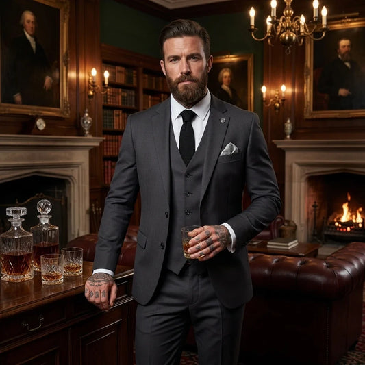IM51 - Men's Charcoal Check 3 Piece Tailored Fit Suit