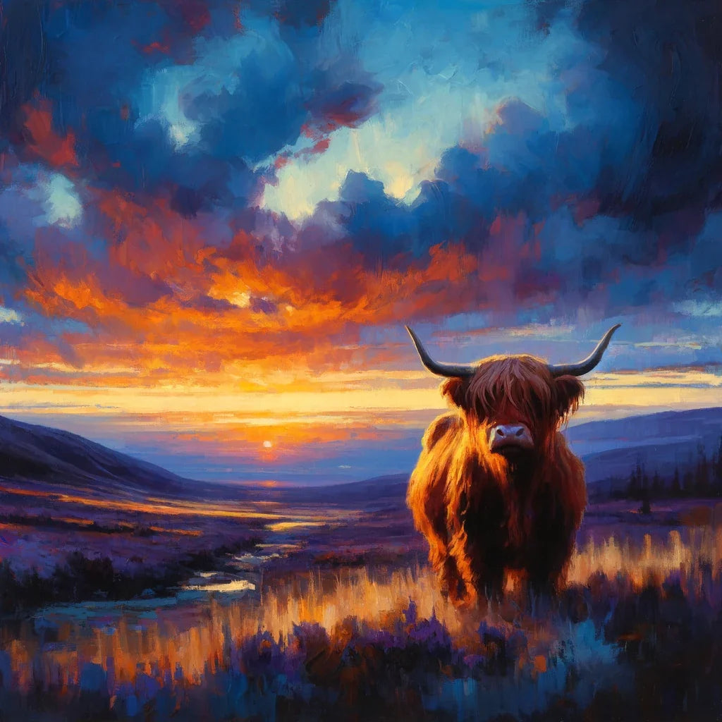 Twilight Contrast Highland Cow Cotton Cushion