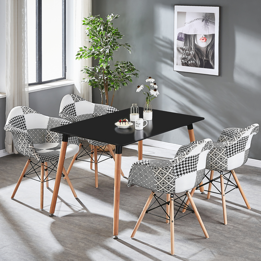 5PCs Dining Set - a Black Halo Dining Table & Set of 4 Black/White Patchwork Accent Chairs