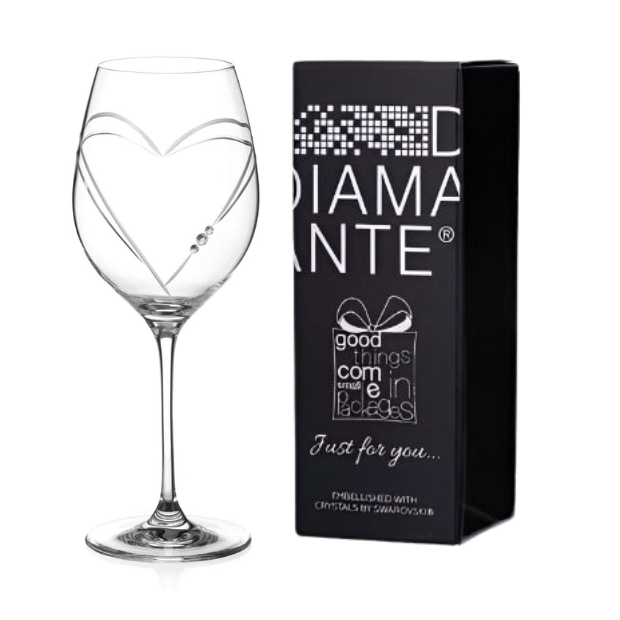 Diamante "Just For You" Wine Glass with Heart Shaped Cutting - In Gift Box