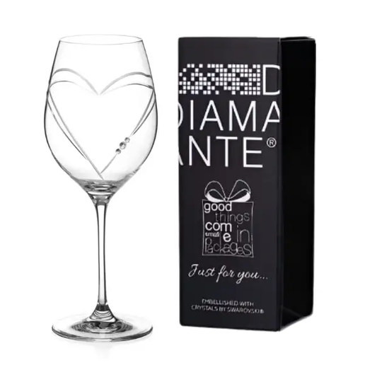 Diamante Wine Glass with Heart Shaped Cutting - In Gift Box