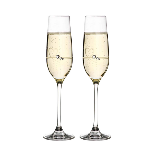 Diamante Petit Champagne Flutes with Heart Design - Set of 2 - In Gift Box