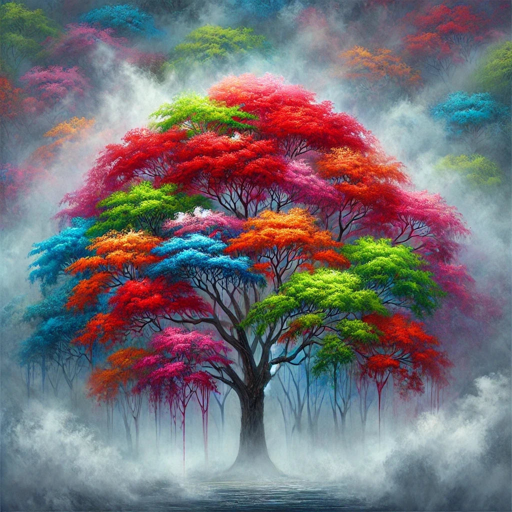 Vibrant Tree in Fog Canvas