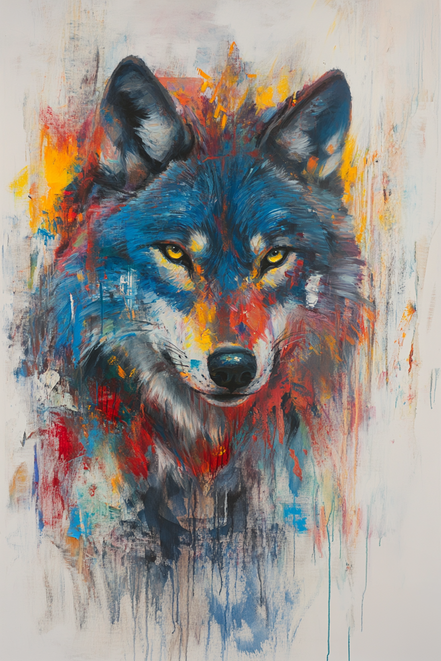 Vibrant Wolf on Grey Canvas