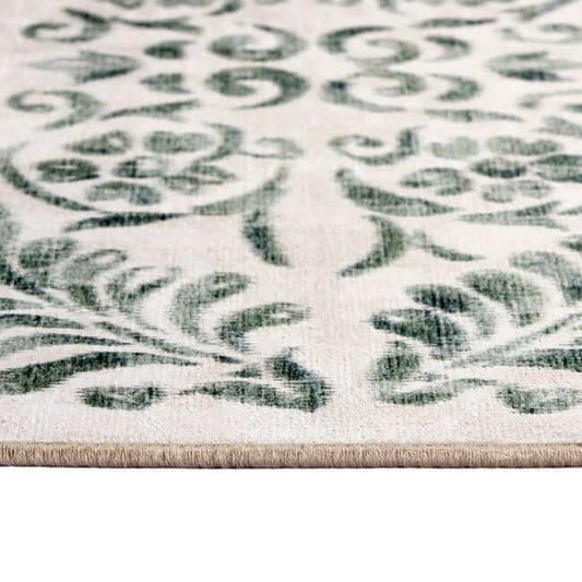 Eco-Washable Beige and Green Rug Floral Design