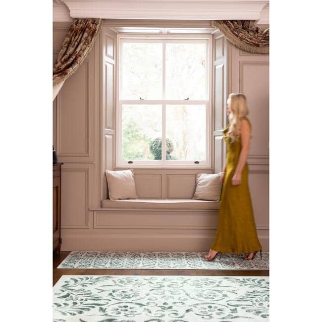 Eco-Washable Beige and Green Rug Floral Design