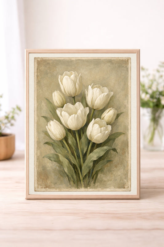 Vintage White Tulip Wall Art – Neutral Floral Botanical Print with Soft Beige Background Spring Home Decor