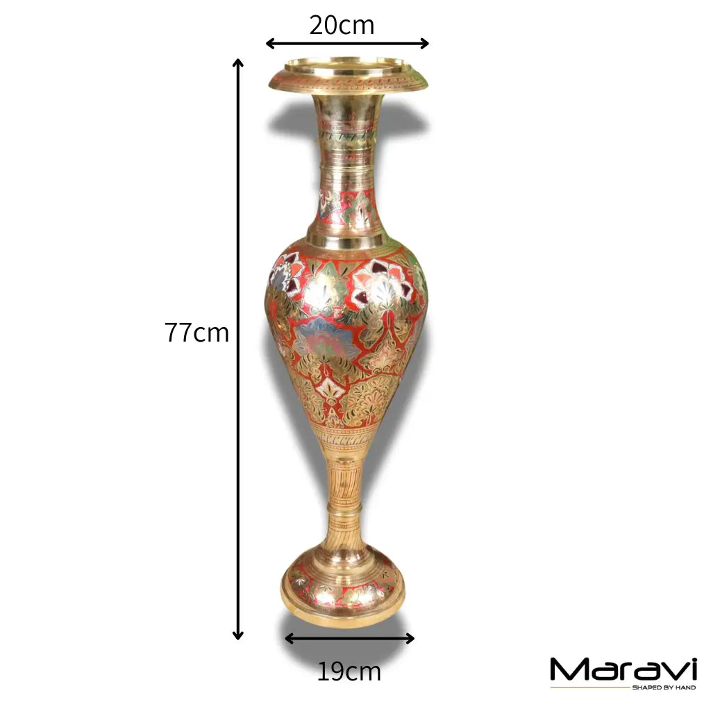 Vintage 77cm Large Brass Vase Hand Painted and Etched - Red