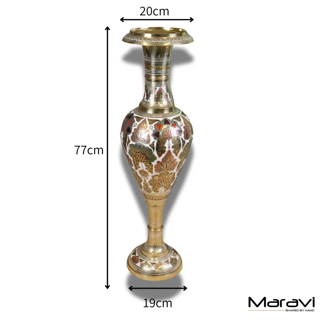 Vintage 77cm Large Brass Vase Hand Painted and Etched - White