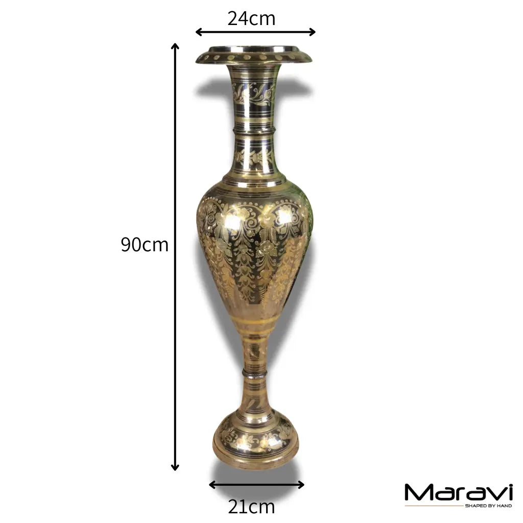 Vintage 90cm Large Brass Vase Hand Etched - Silver and Gold Polished