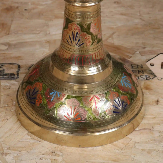 Vintage 92cm Large Brass Vase Hand Painted and Etched - Pink and Green